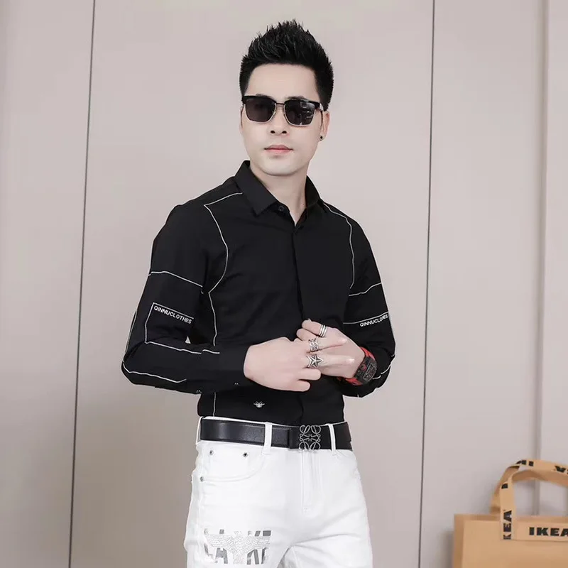 

2021 spring new men's slim fit Tencel cotton no iron fashion business shirt open line embroidery long sleeve men's shirt