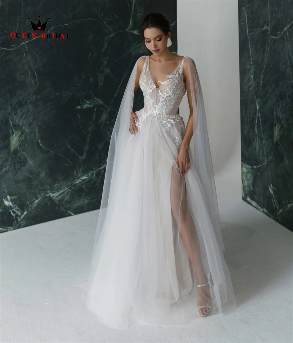 

Sexy A-line V-neck Wedding Dresses with Slit Leg Tulle Lace Appliques Formal Bridal Gown 2023 New Design Custom Made DZ07