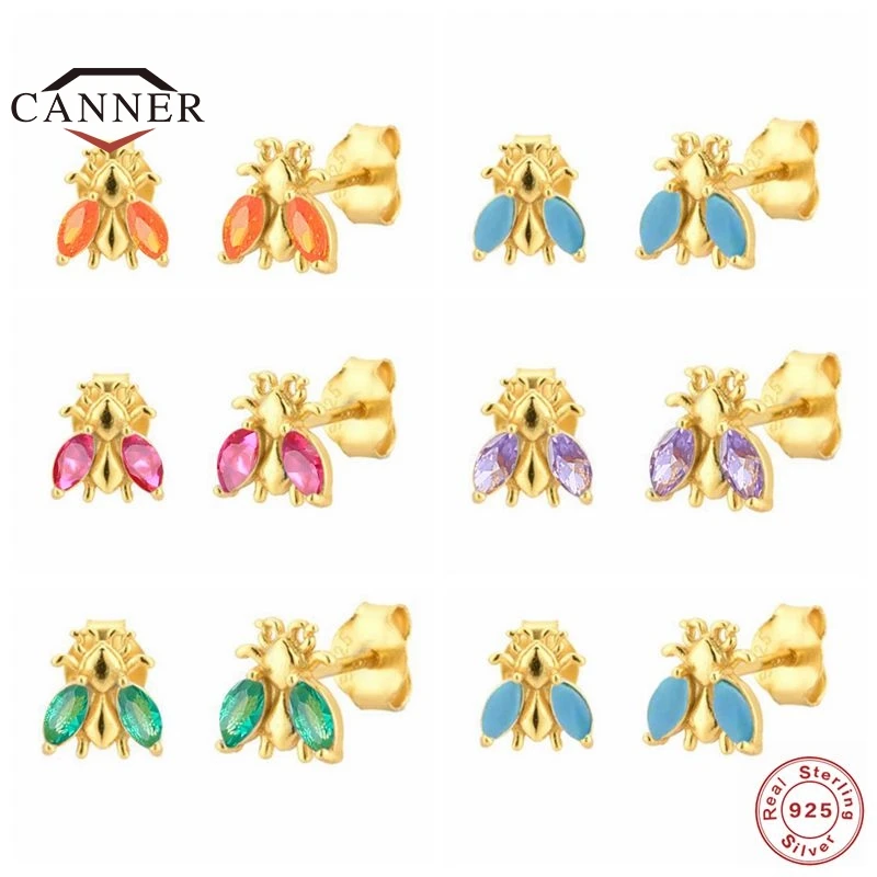 

CANNER Small Bee 925 Sterling Silver Stud Earrings for Women Colorful Cubic Zirconia Piercing Earring Jewelry Gift Pendientes