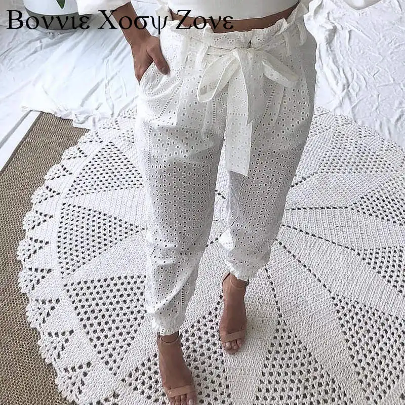 Women Summer Elegant Sexy Paperbag Waist Broderie Lace Casual Pants Long Chic Pants