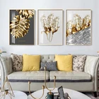 Современная роскошная Настенная картина с золотыми листьями и цветами, постеры и принты с перьями, Скандинавская картина для гостиной, домашний декор