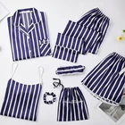 Пижама женская шелковая в полоску, одежда для дома, Топ с длинным рукавом и штаны с эластичным поясом, пижама для отдыха, 7 шт., весна-лето-осень