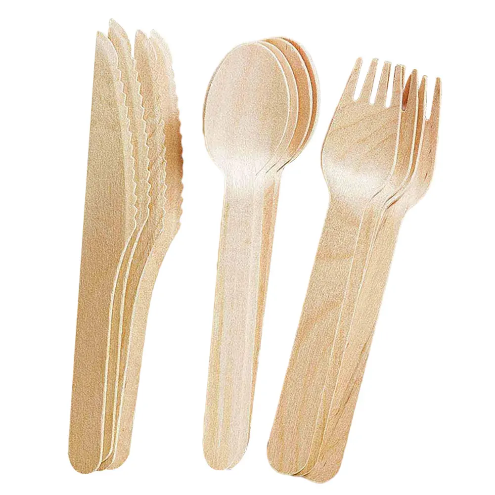 

150PCS Disposable Wooden Cutlery Set Biodegradable Kitchen Utensil Dessert Tableware 50 * Slices +50 * Spoons +50 * Forks