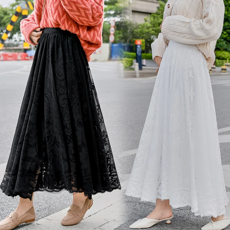 Эластичные кружевные юбки с высокой талией Женская весенне осенняя черная белая