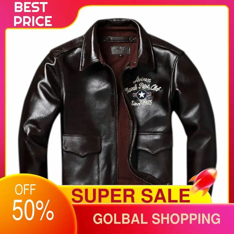 

2021 Dark Brown Military Style A2 Leather Jacket Plus Size 4XL Genuine Natural Cowhide Autumn Slim Fit Aviation Coat