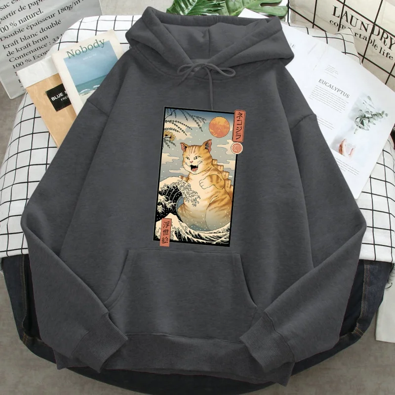 

Ukiyo e gato bonito desenhos animados impressão hoodies homem feminino causal solto harajuku japão camisola outono nova manga l.