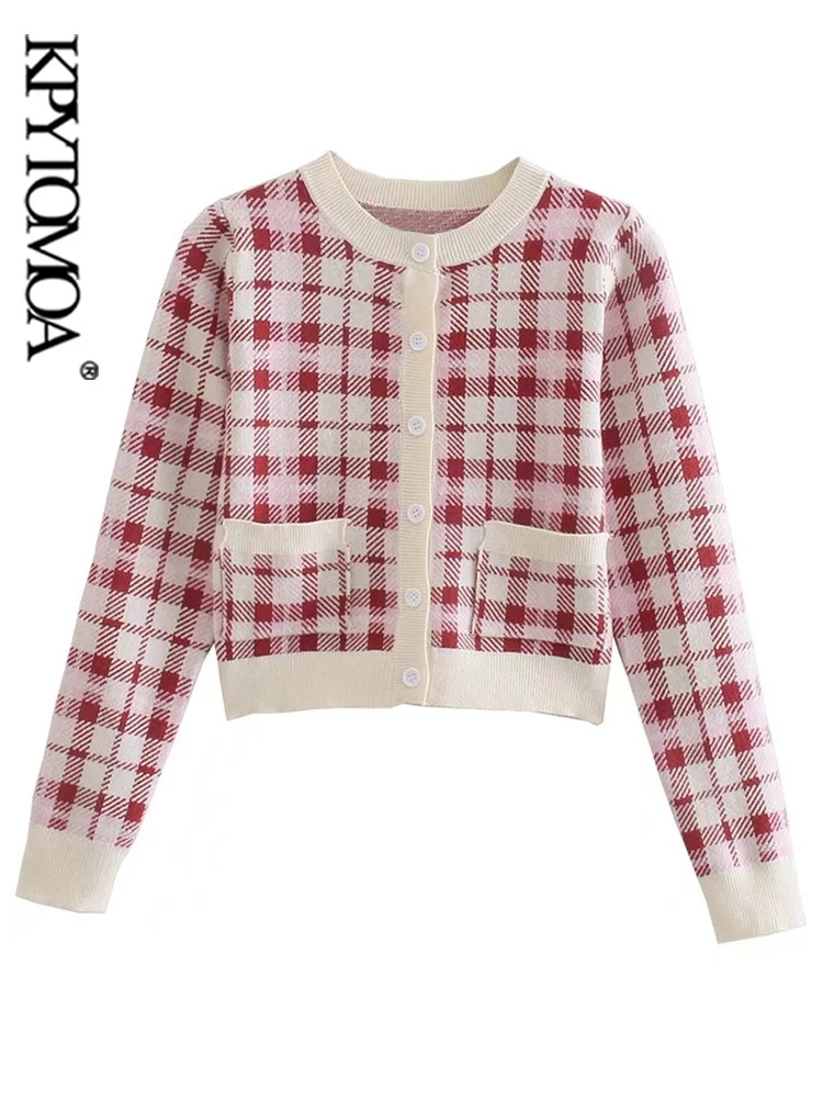 

KPYTOMOA Women Fashion With Pockets Checked Knit Cardigan Sweater Vintage O Neck Long Sleeve Female Outerwear Chic Tops