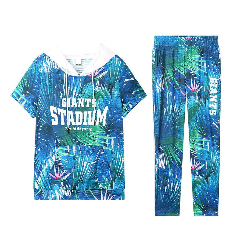 

Комплект из майки с капюшоном и штанов, комплект из двух предметов летние новые модные принты; Размера плюс, цвет синий, белый, черный, одежда