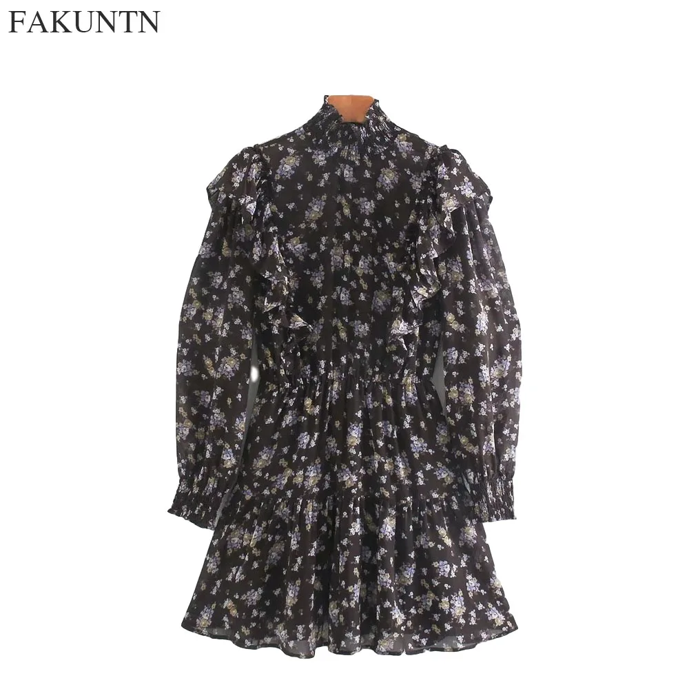 

Цветочные платья FAKUNTN с длинным рукавом для женщин, Осень-зима 2020, винтажная Повседневная Свободная одежда с оборками для вечеринки, женское...