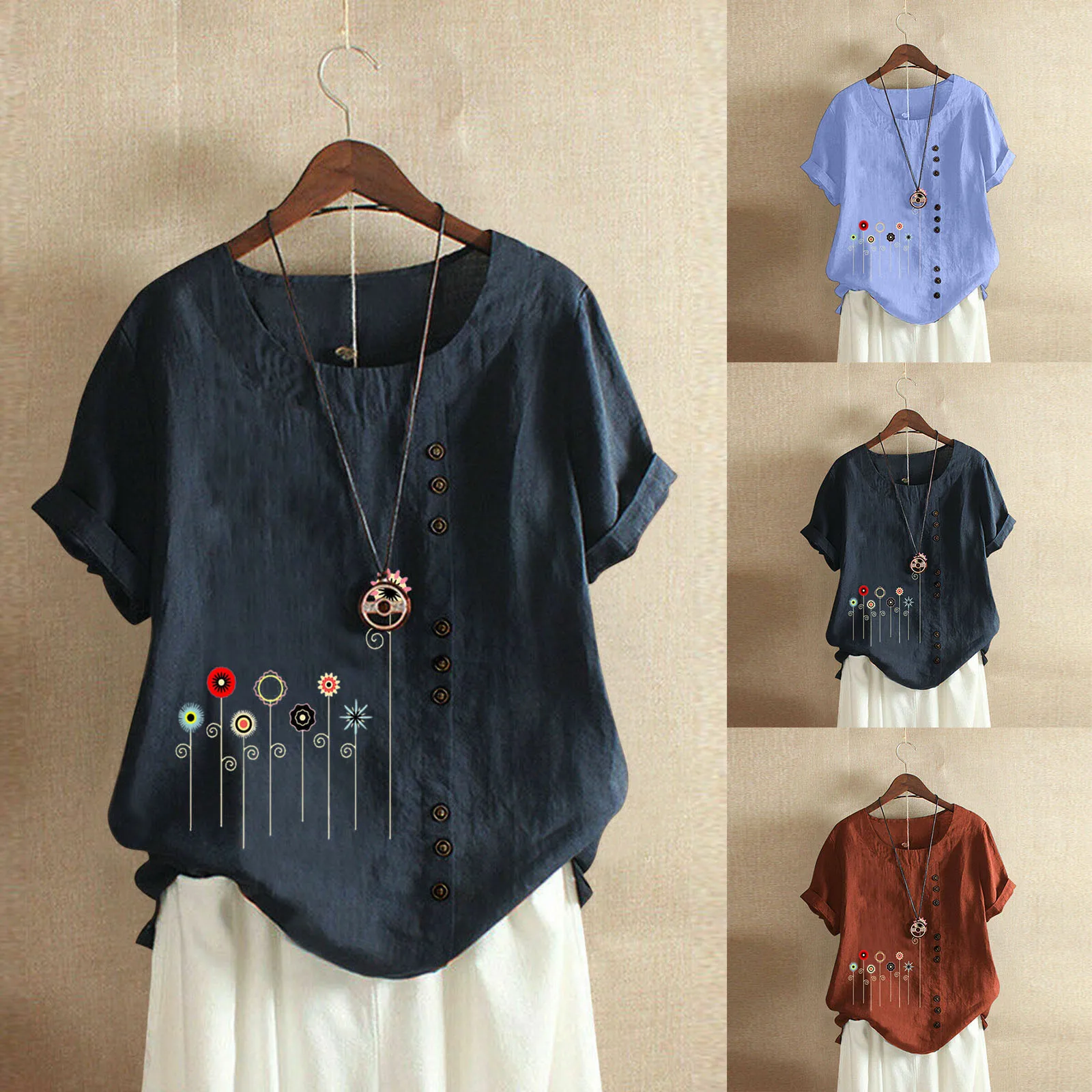 

Women Casual Floral Print O-neck Short Sleeve Plus Size T-shirt Top Blouses Clothing Camisas De Mujer Femme Bluses For Women