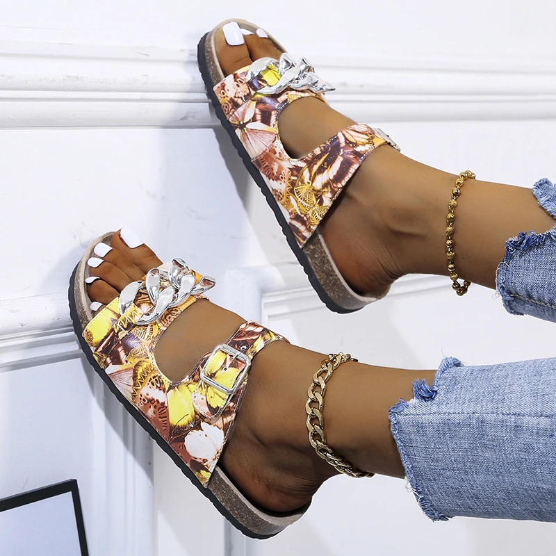 

Women's Sandals 2021 Summer New Style Metal Chain Decoration Flat Slippers Women Open-toed Comfortable Casual Beach Shoes