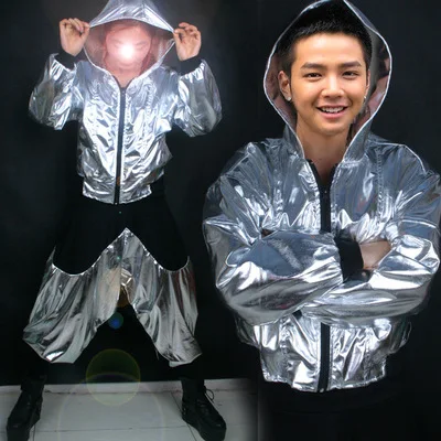 

Костюм из куртки и брюк для джазовых танцев, одежда в стиле хип-хоп, блестящий костюм для бара, мужская и женская верхняя одежда с металлическими блестками и капюшоном