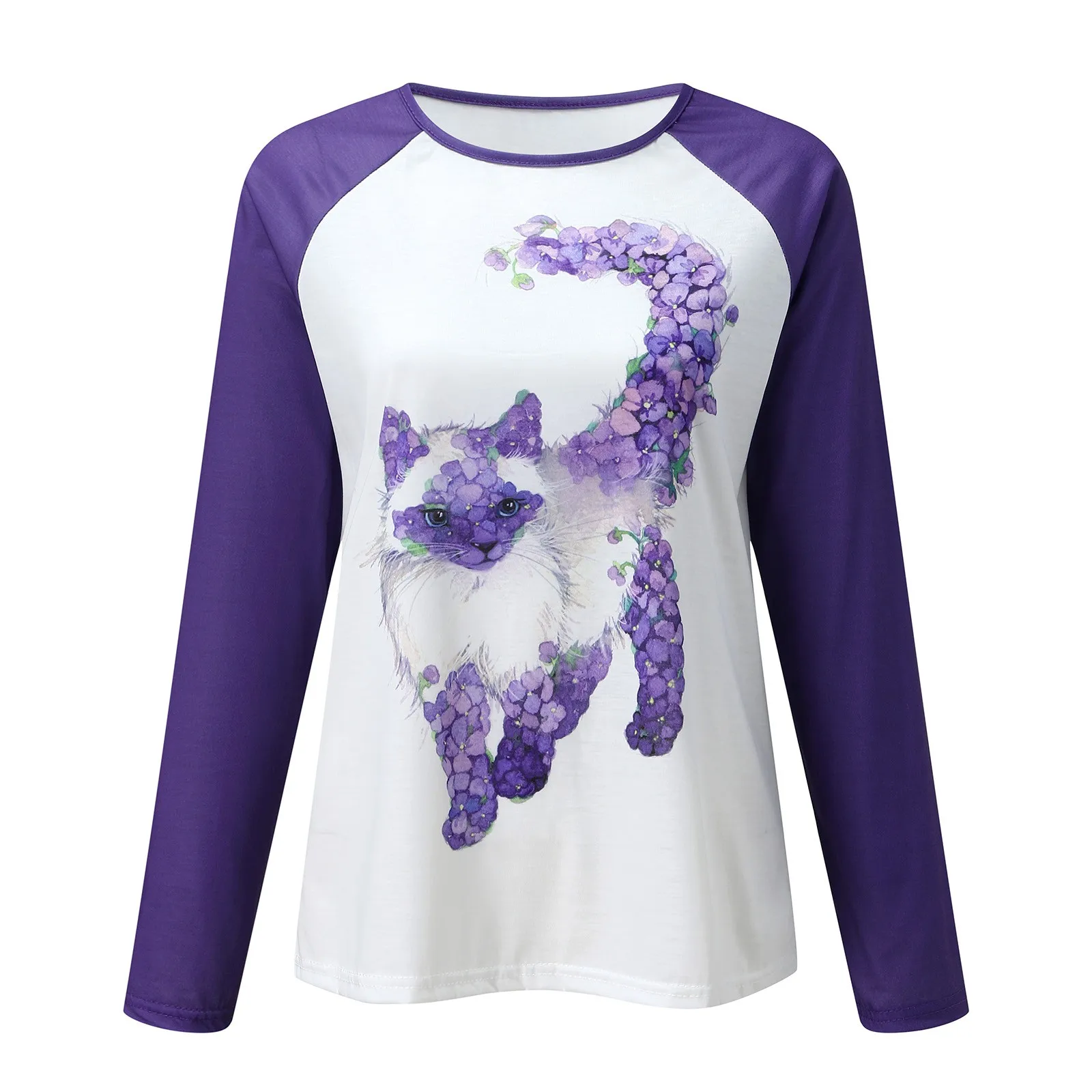 60# Lovely Cat Print Hoodie Women Long Sleeve Casual Harajuku Sweatshirt Female Plus Size O-neck Color Block Pullover Tracksuit