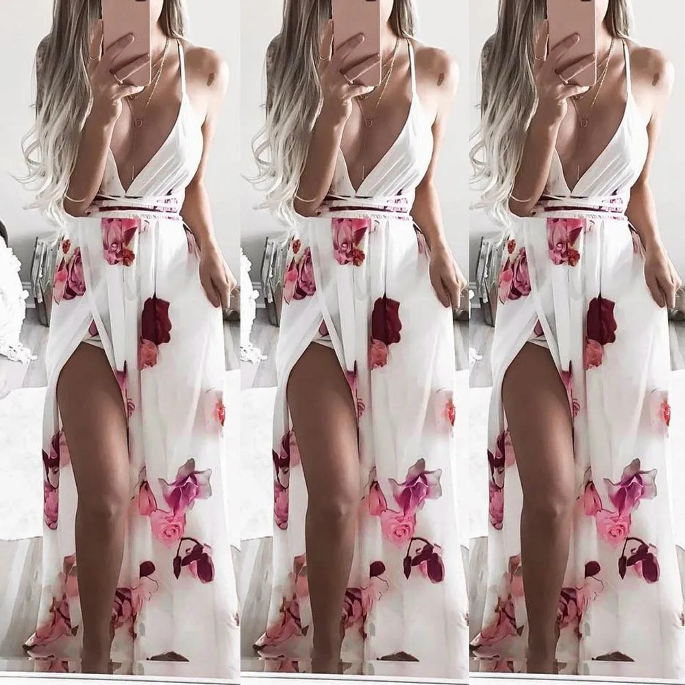 Женское длинное вечернее платье Пляжное Платье с V образным вырезом и цветочным