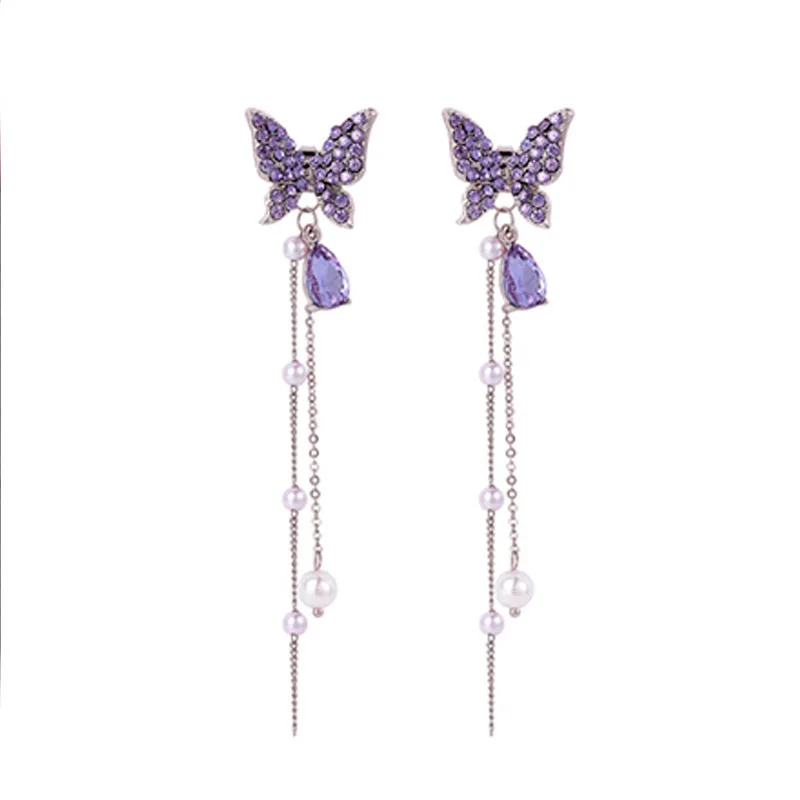 

1 Pair Fashion Shiny Butterfly Rhinestone Earrings Charm Women Elegant Long Pearl Tassel Chain Drop Earring Party Jewelry