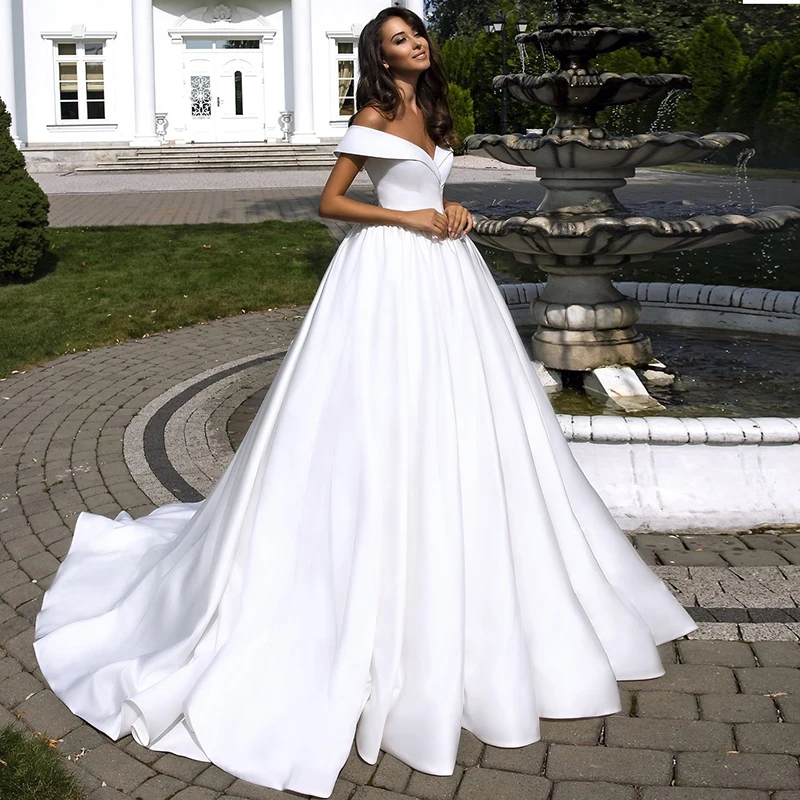 

Off the Shoulder Beach Matte Satin Ball Gown Wedding Dress Famous Bridal Vestido De Fiesta De Boda