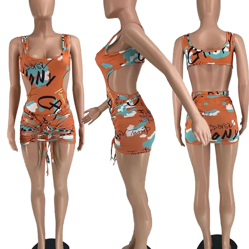 

2021 Two Pieces Set Letter Print Hollow Out Sleeveless Playsuit Bandage Lace Up Mini Skirt Set Streetwear Club Outfits Summer