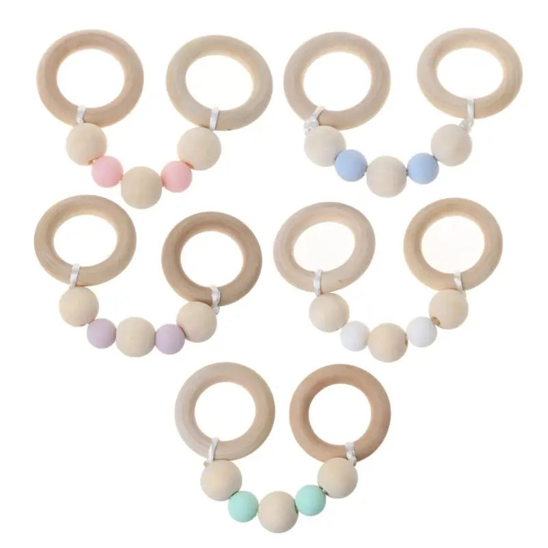 

Baby Play Gym Montessori Toys Baby Teether Beech Wood Ring Silicone Beads Wooden Rattle WXTD