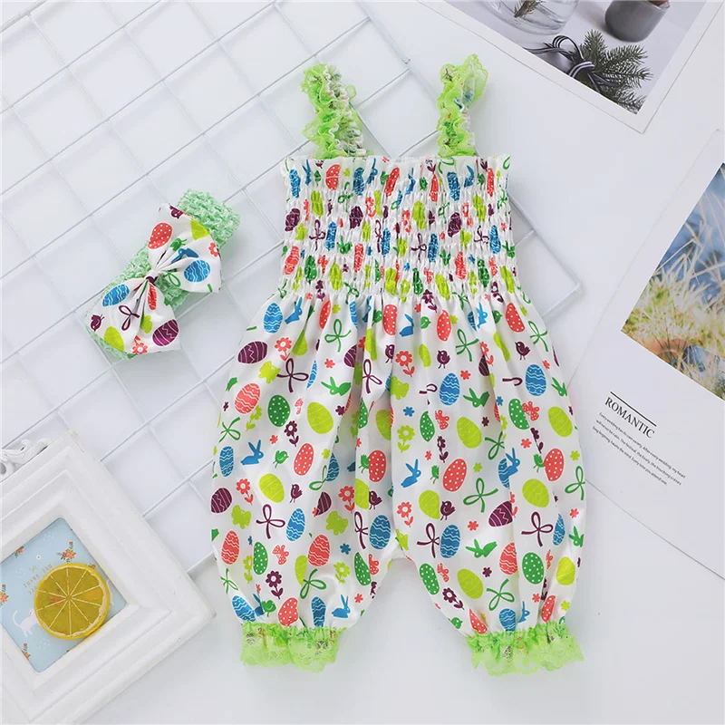 

Newborn's Summer Romper Hair Band Set 2pcs, Infant's fashion pattern print Sleeveless Elastic Waist Long Pants Playsuit for Baby