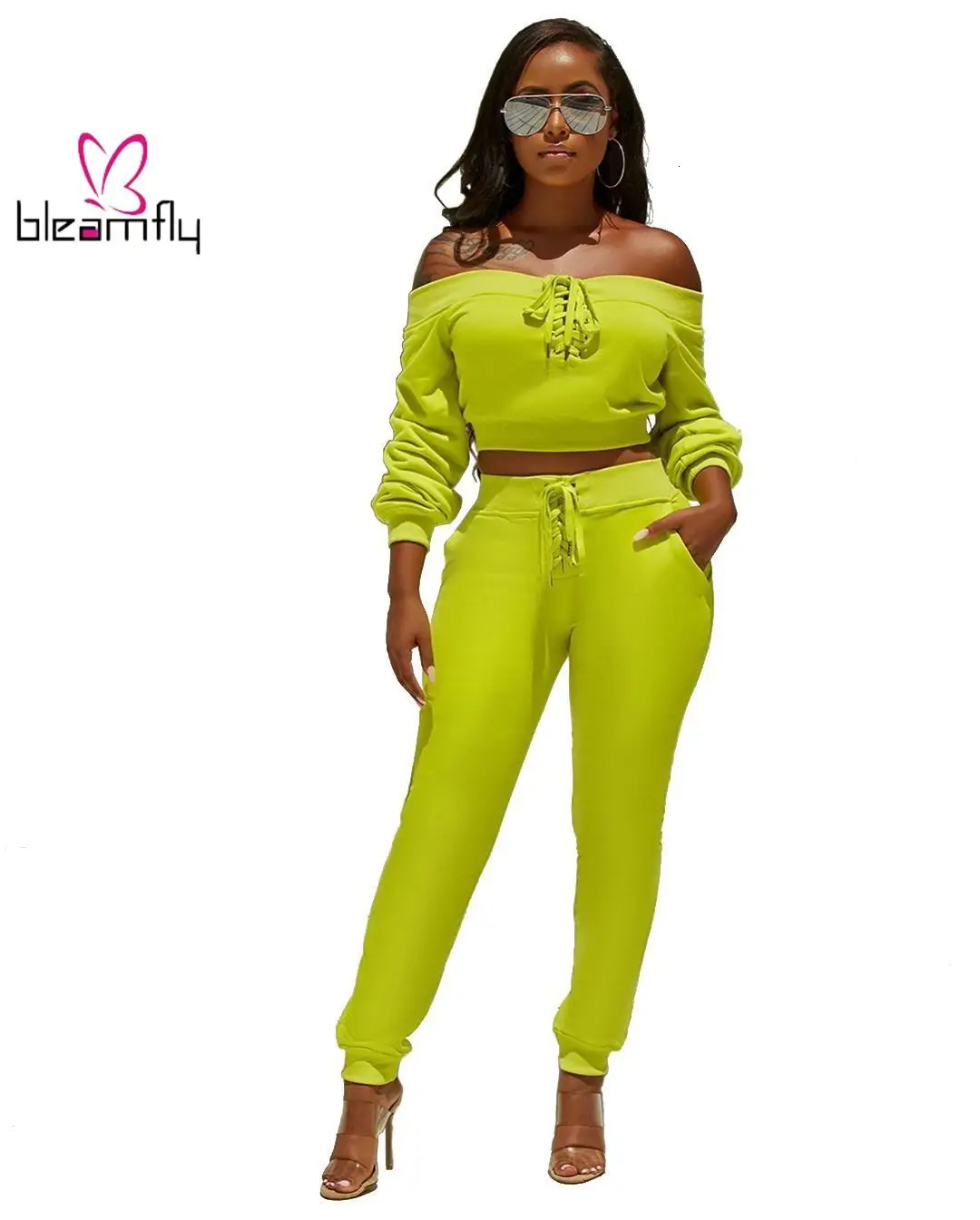 2019 женский осенний костюм на шнуровке с открытыми плечами и вырезом лодочкой топ