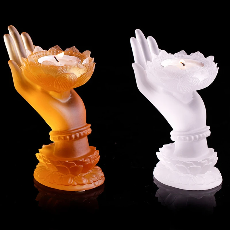 

11cm High Colored Glaze Buddha's Hand Candle Holder Home Decoration Table Centerpiece White Lotus Holy Sacred Hall Lobby Decor