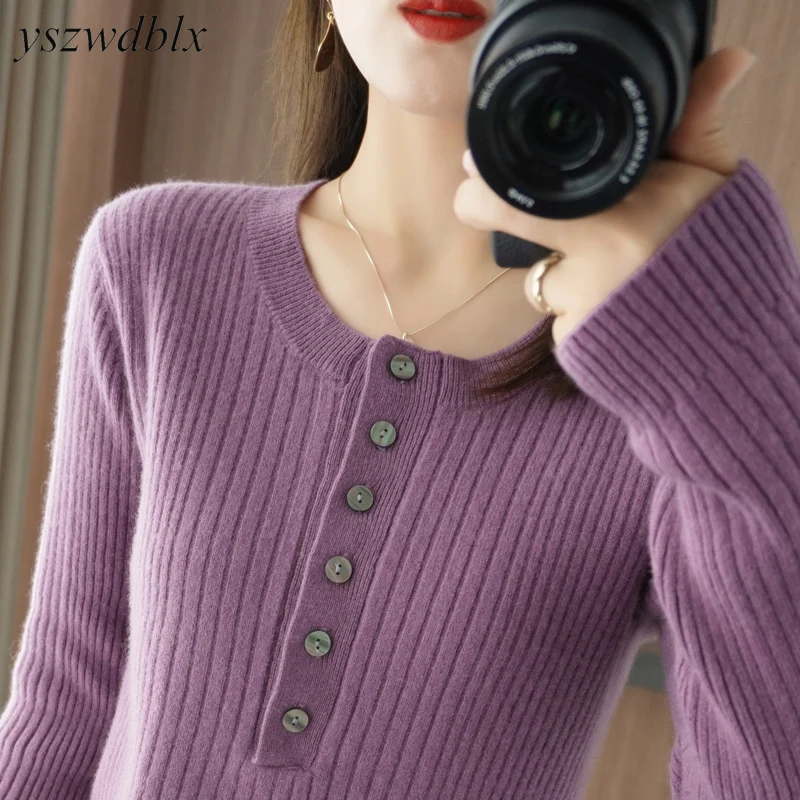 

Модный облегающий женский свитер YSZWDBLX, базовые рубашки, однобортные пуловеры с круглым вырезом, вязаная одежда, кашемировая рубашка, джемпе...