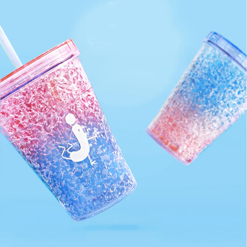 

410ml Gradient Color Water Cup Straw Cup With Lid Iced Plastic Cup Double Walled Ice Cold Drink Coffee Tea Cup Summer New Bottle