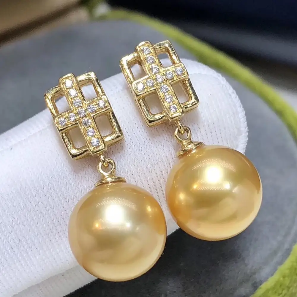 Fine Jewelry 1103 Pure 18 K Gold Phillipine Natural Ocean Golden Pearls 10-9mm Stud Earrings for Women Pearl | Украшения и