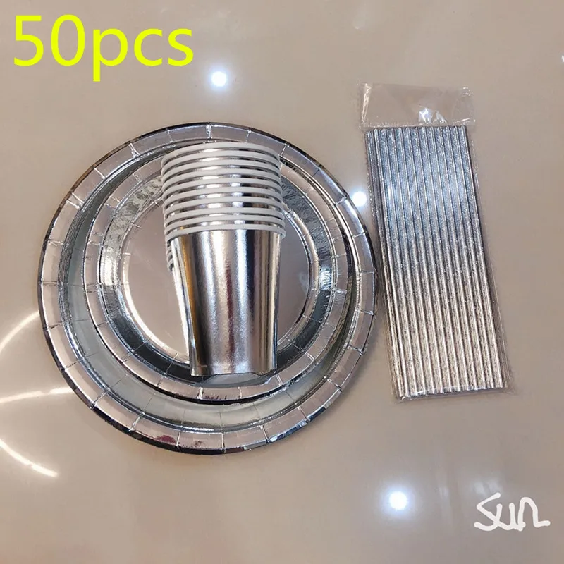 

New Silver Rose Gold Cups Plastic Plates Fork Knives Spoons Disposable Clear Dinnerware Set Party Supplies