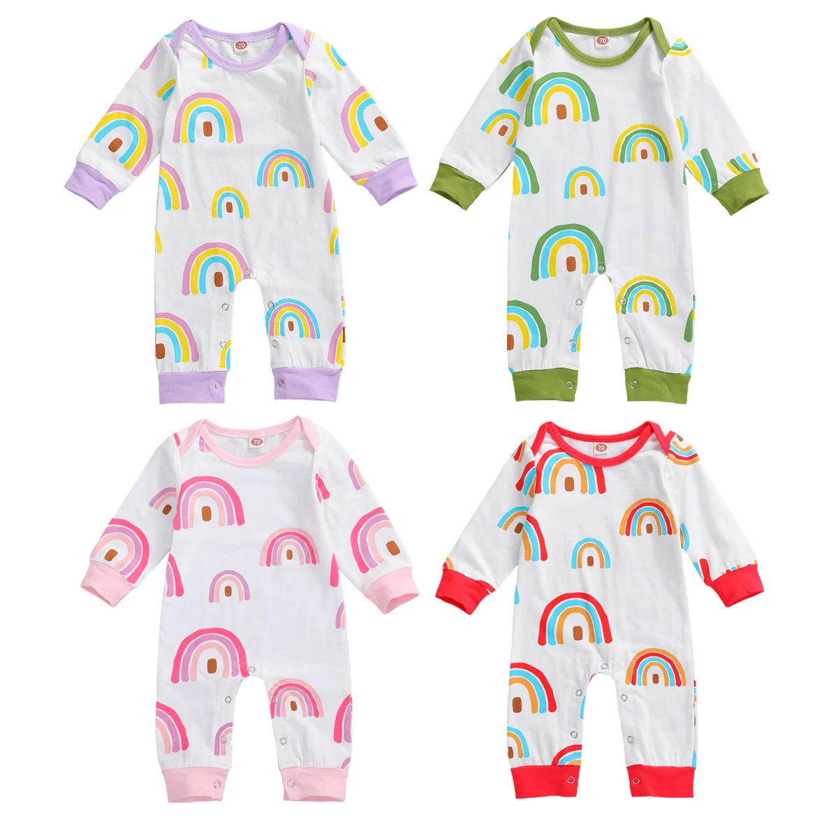 

2020 Autumn Baby Girls Boys Rompers Toddler Cartoon Rainbow Print Long Sleeve Crotch Buttons Round Collar Casual Jumpsuits 0-24M
