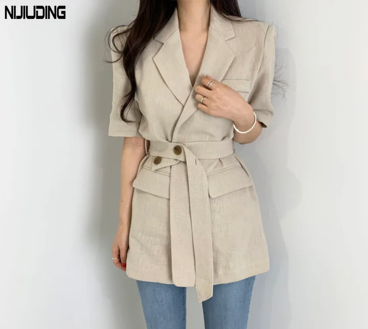 

Пиджак NIJIUDING с кружевным поясом, с коротким рукавом, однотонный, с воротником, лето 2020