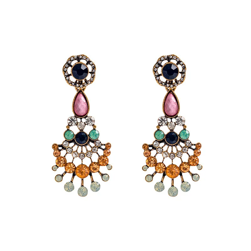 

European and American foreign trade hot new products retro Bohemian geometric tassel inlaid diamond fan Earrings national style
