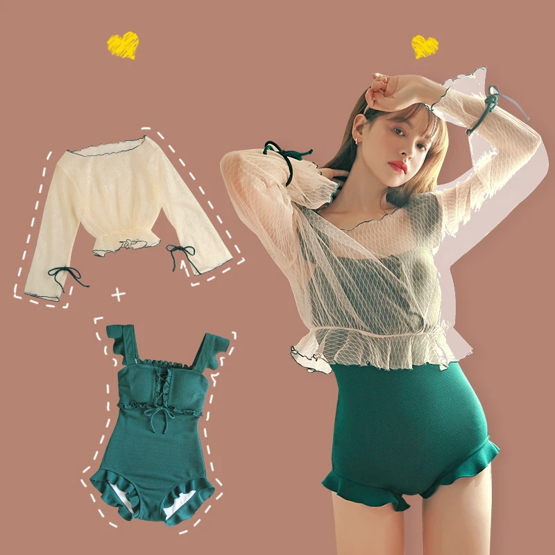 STAERK suits female conjoined conservative 2019 new retro green long-sleeved blouse ins web celebrity swimsuit small breasts | Спорт и