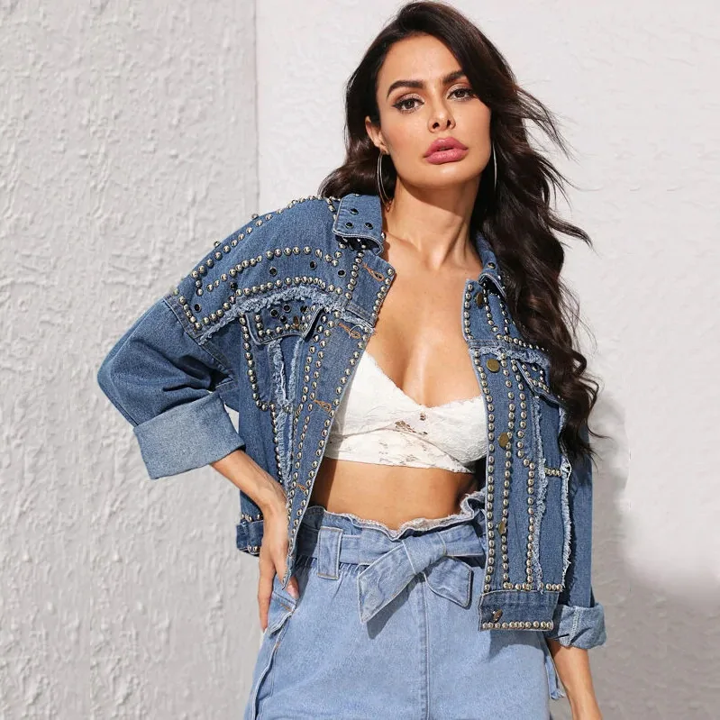 

Women Denim Jackets 2021 Autumn Punk Style Rivet Denim Jackets women Jeans Single Breasted Denim Coats Female Feminine Clothing