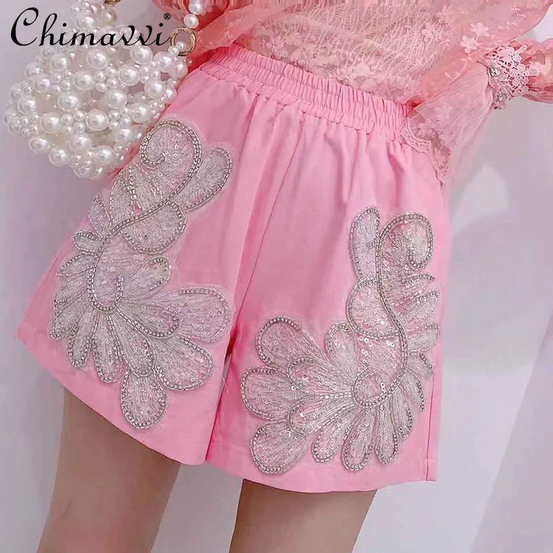 

Casual Shorts for Women Sweet Beads Rhinestones High Elastic Waist Shorts Slimming All-Matching Short Wide Leg Pants