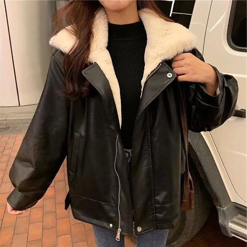 Winter Warm Artificial Leather Jacket Women's Casual Loose Motorcycle Jacket Women's Street Style Large Coat Korean Fashion Coat