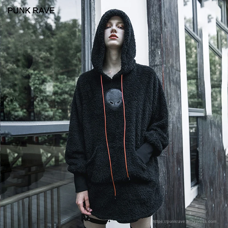 Длинные замшевые толстовки в стиле панк-рейва с аппликацией инопланетянина