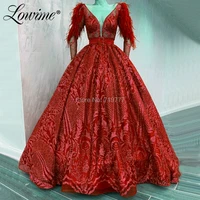 2019 elegant feather long sleeves evening dress glitter v neck arabic party gowns robe de soiree muslim a line prom dresses