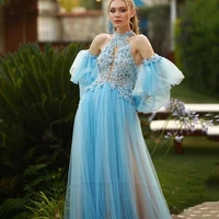 sky blue evening dresses beads lace appliques a line floor length off shoulder ruched tulle prom dress long sleeves party gown
