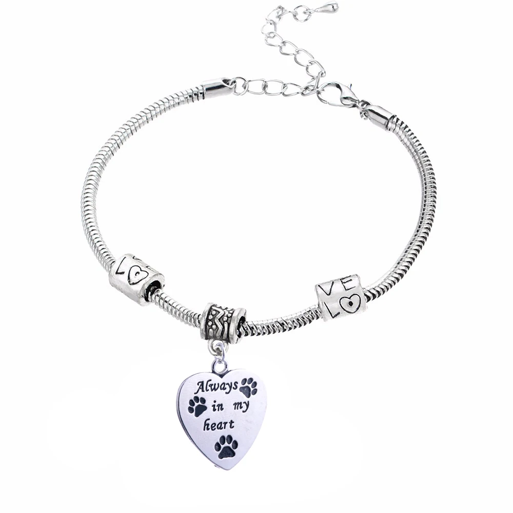 

12PC Always In My Heart Pet Dog Paw Heart Pendant Bracelets Love Bead Chain Bangles Women Men Pet Lovers Jewelry Gifts Wristband
