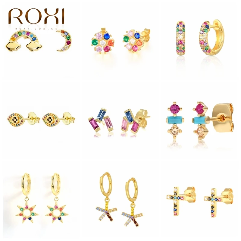 

ROXI 925 Sterling Silver Huggie Earrings for Women Geometric Colourful Zircon Piercing Earring Earings Silver Jewelry Pendientes