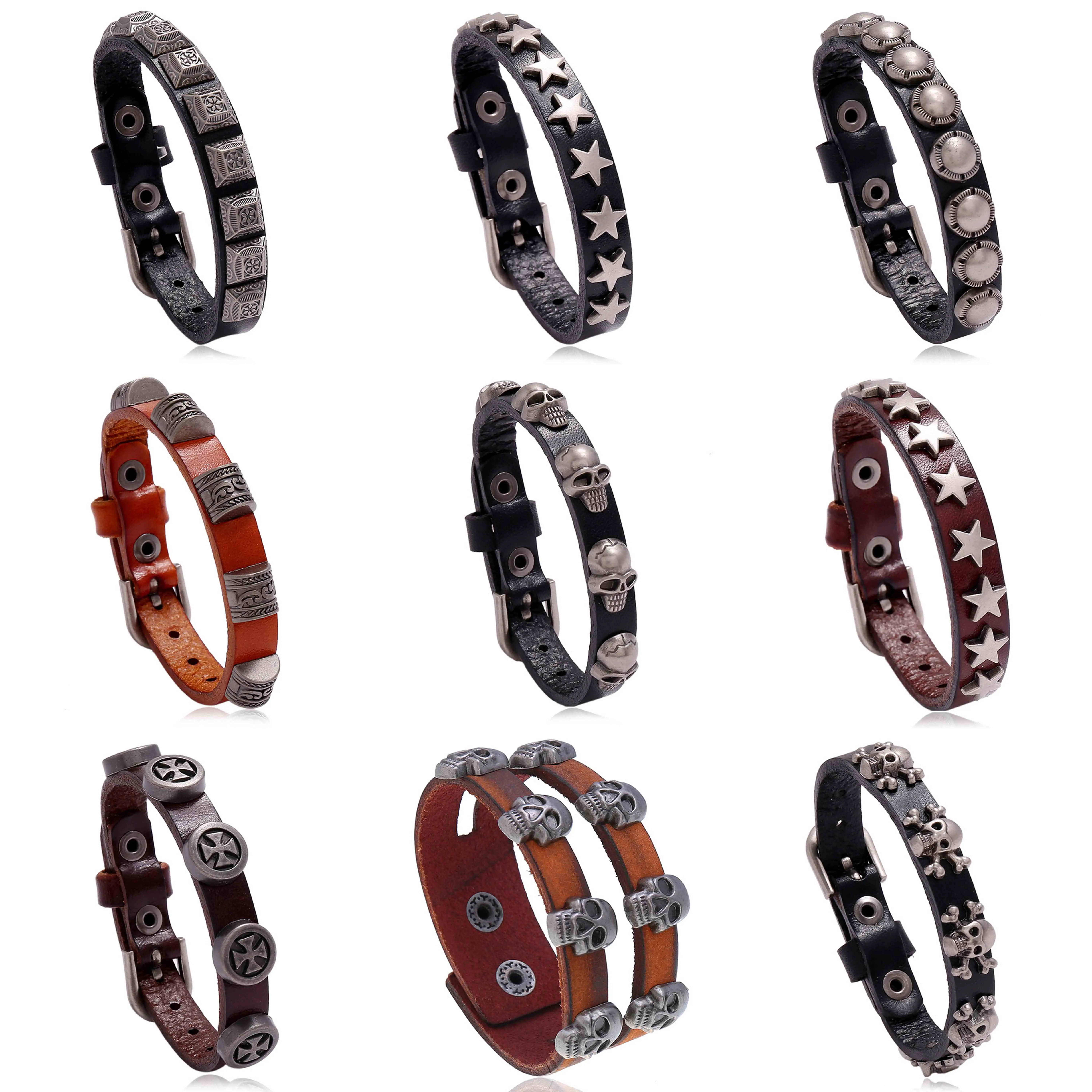 

Gothic Men Bracelets Unique Row Cross Spikes Rivet Stud Wide Cuff Brown Black PU Leather Punk Goth Unisex Bangle Women Jewelry