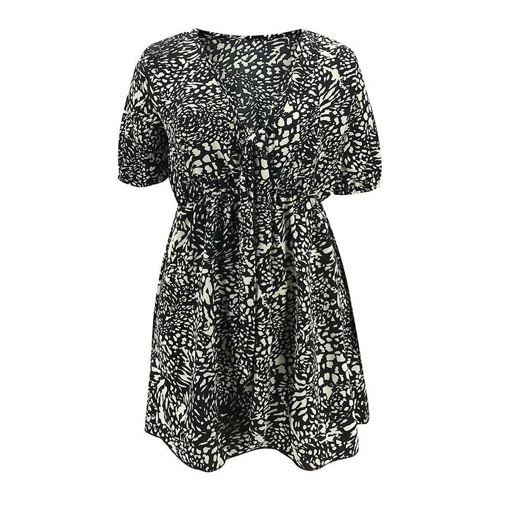 

2021 Summer European And American New Style Women's Deep V-neck Sexy Lace-up Short-Sleeved Black And White Printed Mini Dress XL