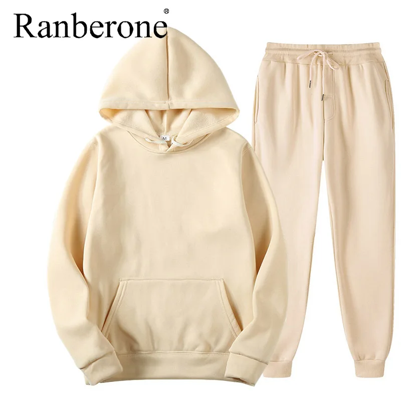 

Ranberone 2 Pcs Sport Suit Fitness Solid Color Women's Tracksuits Hooded Pullover Sweatshirt Casual Pants Sets Sportswear Male
