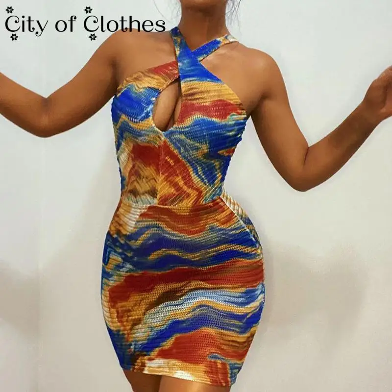 

Y2K Tie Dye Sleeveless Cami Mini Dress for Women V-Neck Color E-Girl Summer Halter Backless Slim Fashion Sexy Party Dresses