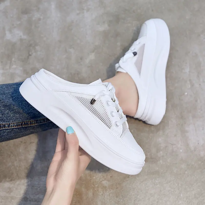 

2021 Summer Baotou Half Slippers Female Wear Students Korean Mesh Breathable Non-slip Sandals White Shoes Zapatos De Mujer