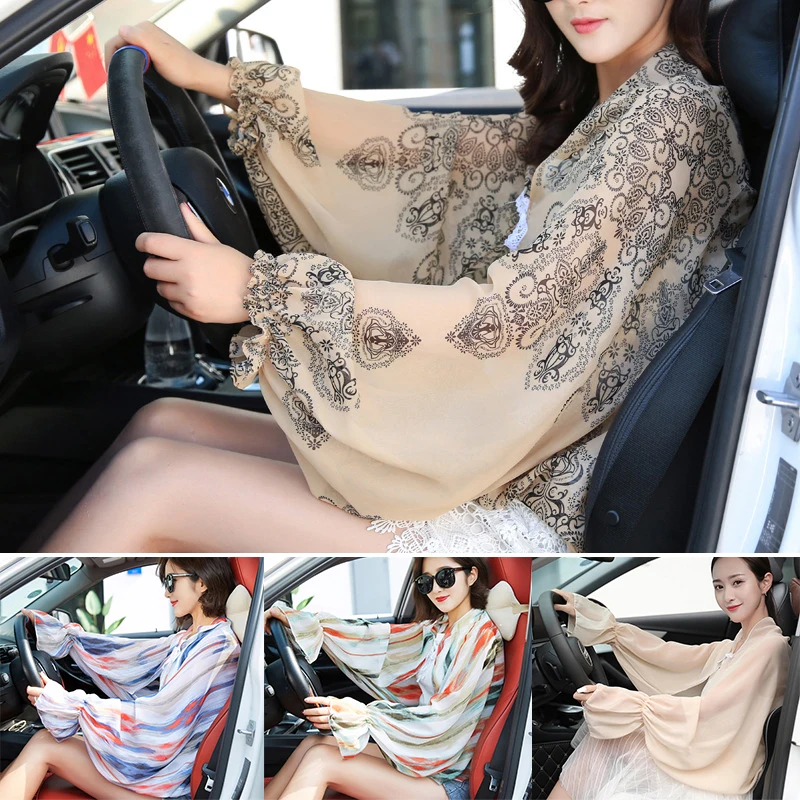 

Summer Chiffon Scarf For Women Long Sleeve Poncho Stole Anti-UV Shawls Driving Sunscreen Print Floral Perspective Scarf