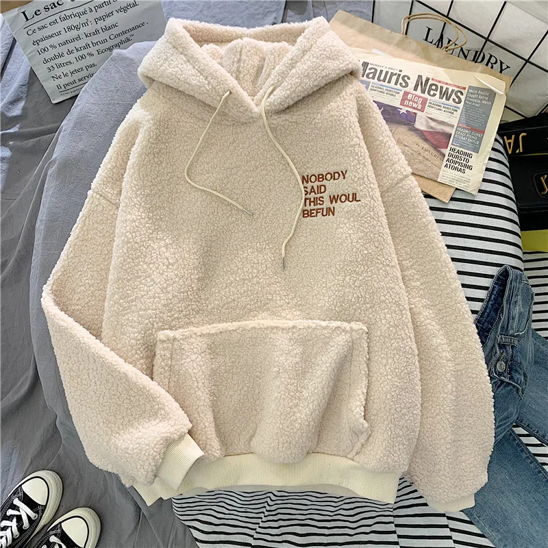 

New Autumn Winter Thick Warm Coat Velvet Cashmere Women Hoody Sweatshirt Solid Blue Pullover Casual Tops Lady Loose Long Sleeve