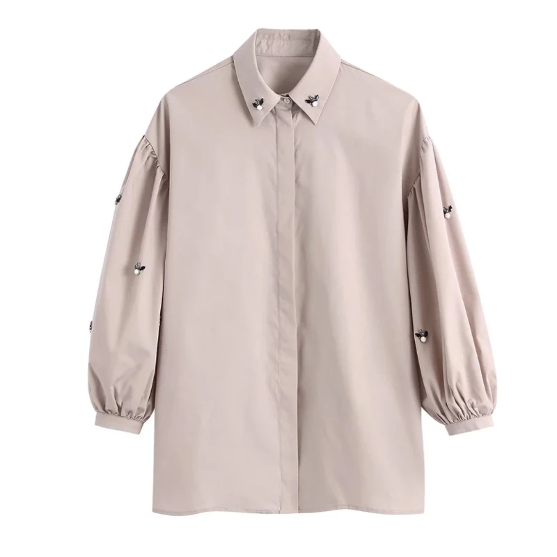 

Hot Sale Women Beading Design Shirt Female Three Quarter Sleeve Blouse Casual Lady Loose Tops Blusas S9586