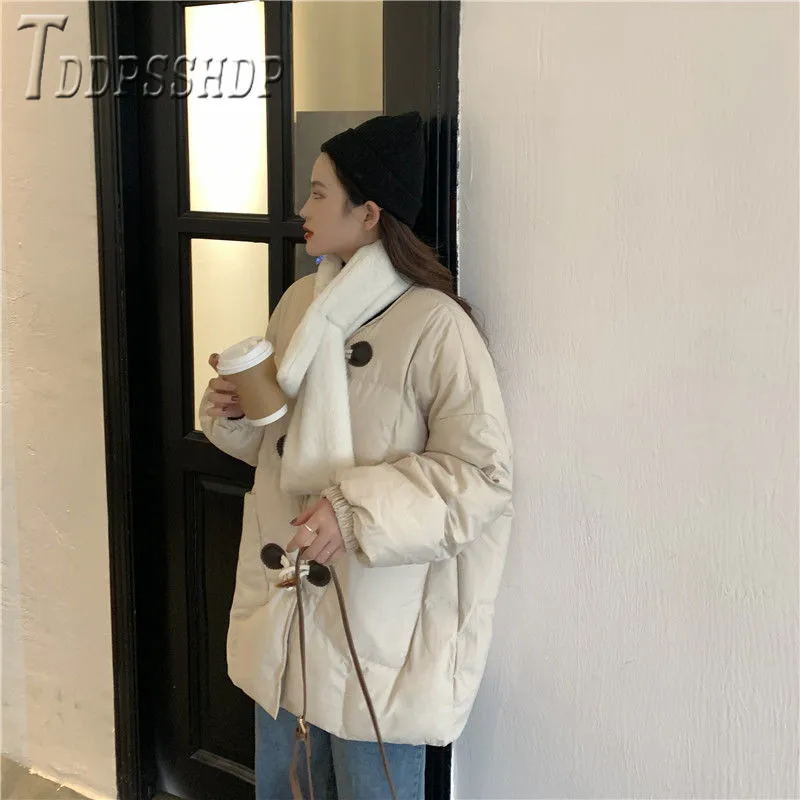 

2019 Retro Lazy Style Winter Women Parkas Loose Horn Buckle Thick Female Coat